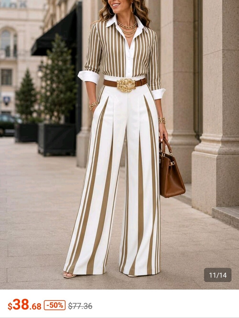 Striped High-Waist Wide-Leg Jumpsuit in White & Brown